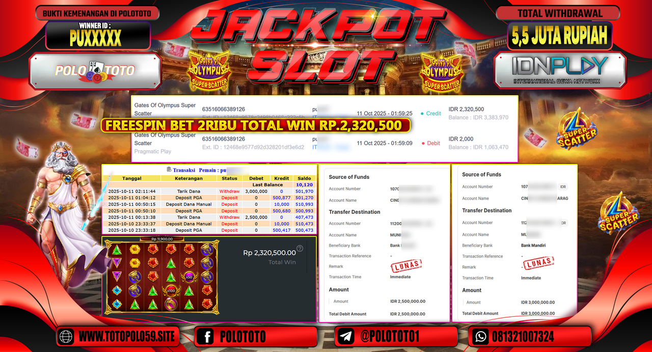 POLOTOTO JACKPOT SLOT GATES OF OLYMPUS SUPER SCATTER Rp.5.500.000,- LUNAS