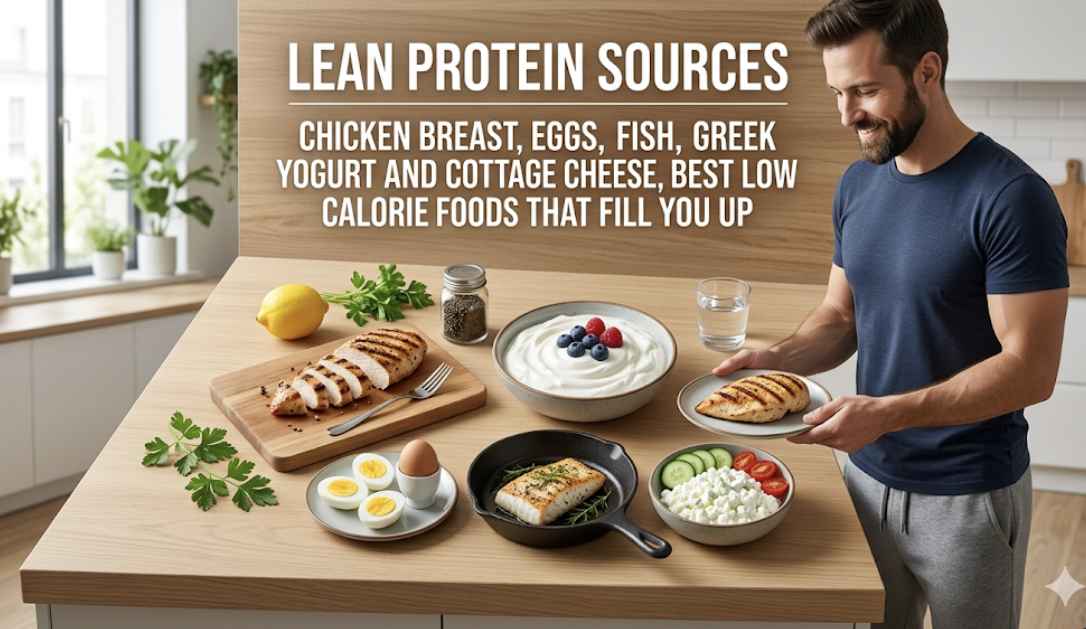 Lean protein sources including chicken breast, eggs, fish, and Greek yogurt, best low calorie foods that fill you up