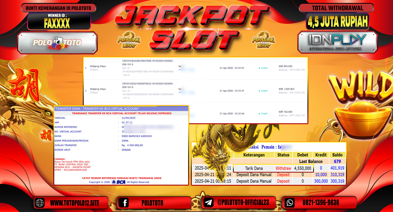 POLOTOTO JACKPOT SLOT MAHJONG WAYS Rp.4.550.000,-