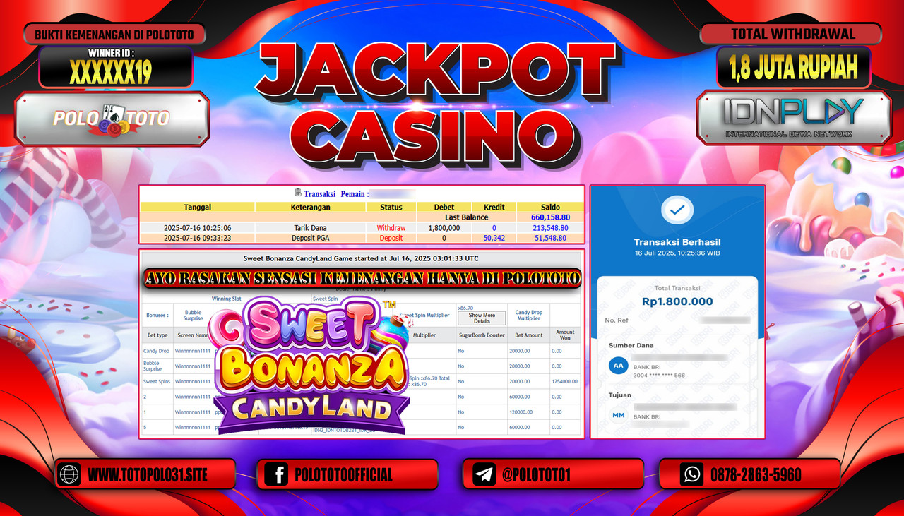 POLOTOTO JACKPOT SLOT SWEET BONANZA CANDY LAND Rp.1.800.000,- LUNAS