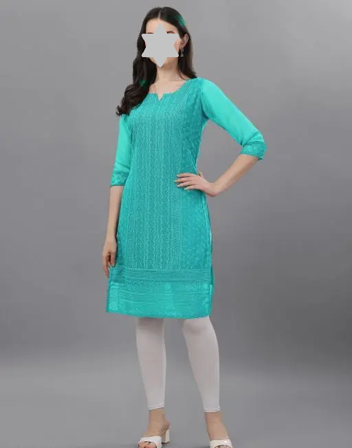 Trendy Chikan Embroidery Georgette Kurti Color Aqua Blue (R109)