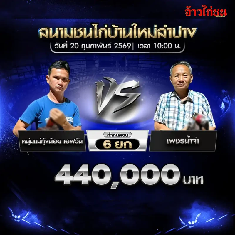 หนุ่มแม่กุ้งน้อย เอฟวัน พบ เพชรนำจ๋า ชิงเงิน 440,000 บาท สนามชนไก่บ้านใหม่ลำปาง 20 ก.พ. 2569