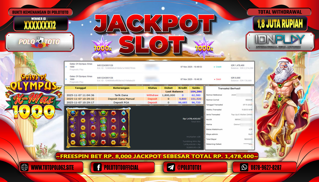 POLOTOTO JACKPOT SLOT GATES OF OLYMPUS XMAS 1000 Rp.1.800.000,- LUNAS