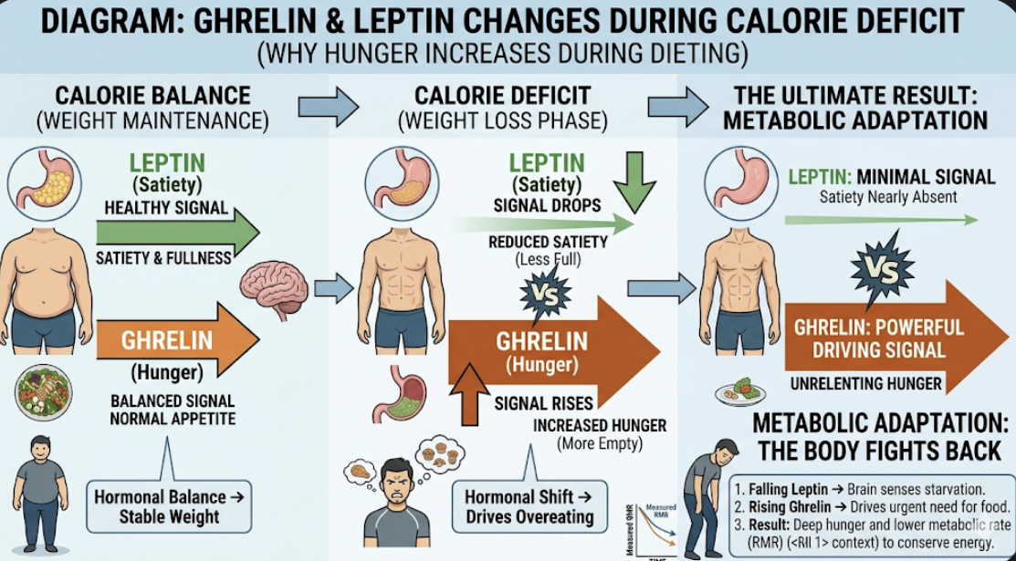 Diagram showing ghrelin and leptin hormone changes during calorie deficit, explaining why hunger increases while dieting