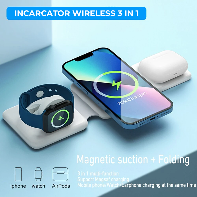 Incarcator Wireless Daden® Magsafe 3 in 1, Pliabil, FastCharge 15W, Statie de incarcare cu Magsafe, compatibil cu Iphone, Samsung, Huawei, Oppo, Xiaomi, Apple Watch, Airpods Pro, Galaxy Buds, TWS, Negru P14 Magnetic Wireless Charger for Smartphone Watch Headphone 3 in 1 Portable Mobile Power Bank Foldi