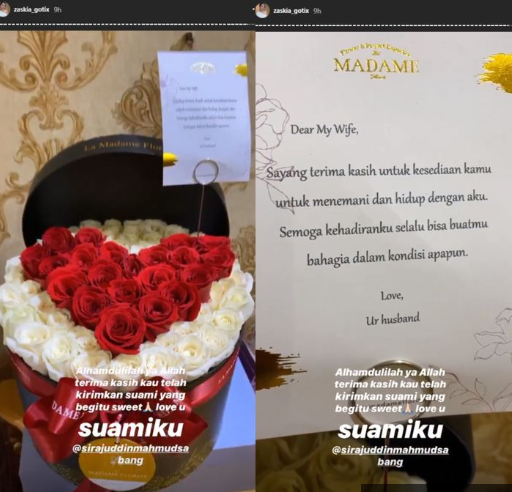 Pesan khusus untuk Zaskia yang diberikan dalam sebuah buket bunga
