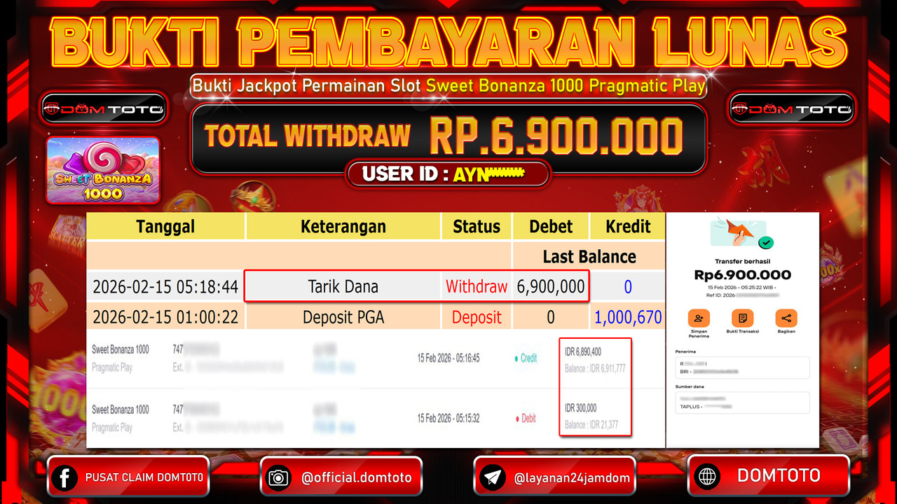 JACKPOT SLOT Sweet Bonanza 1000 Pragmatic Play 15 FEBRUARI 2026