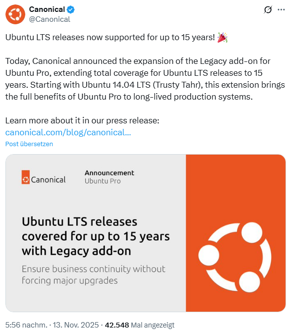 Ubuntu LTS mit 15 Jahren Support