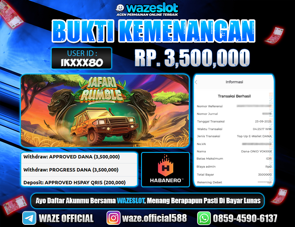BUKTI KEMENANGAN 23 SEPTEMBER 2025 GAME SAFARI RUMBLE ( HABANERO )