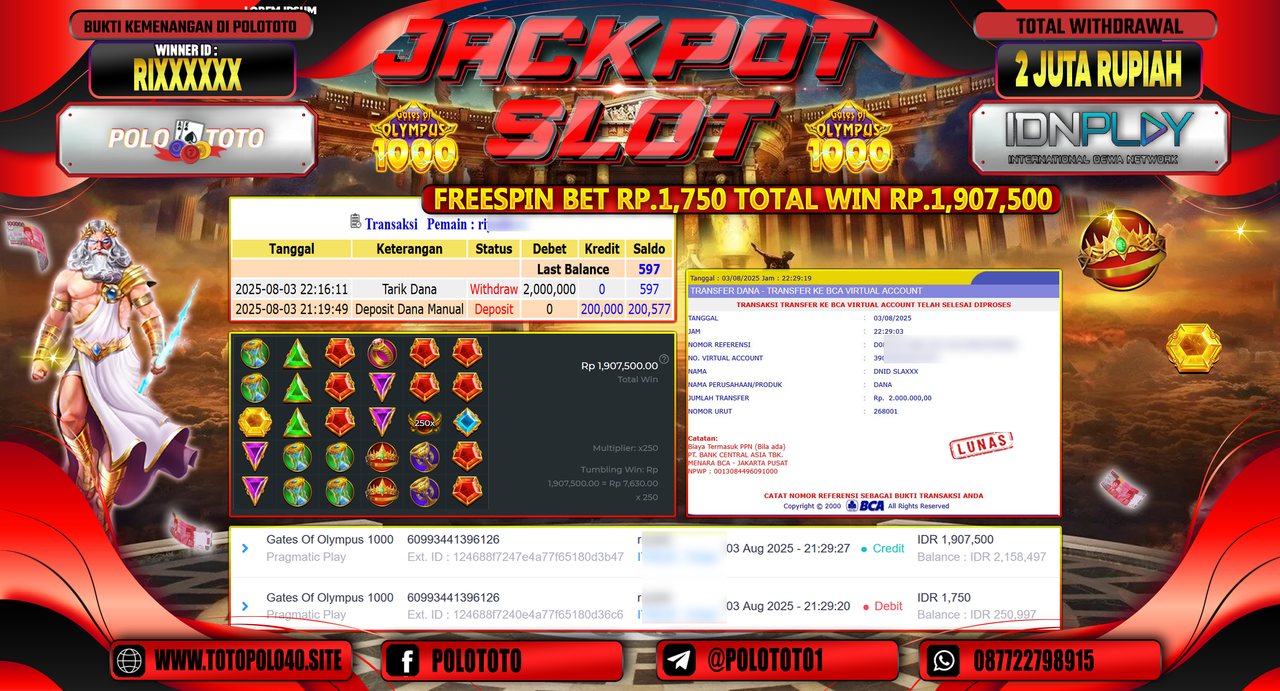 POLOTOTO JACKPOT SLOT GATES OF OLYMPUS 1000 Rp.2.000.000,-LUNAS