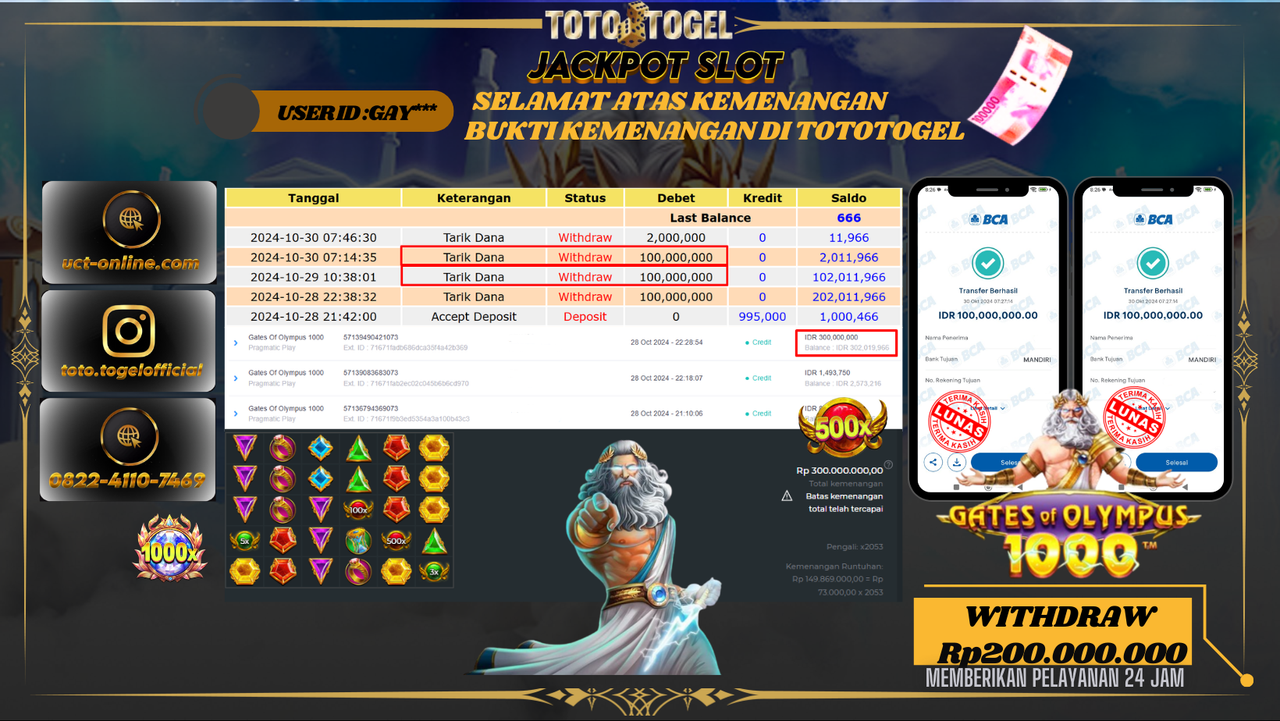 Bukti Pembayaran Permainan  Jackpot Slot Gates Of Olympus 1000 ID:GAY*** LUNAS 