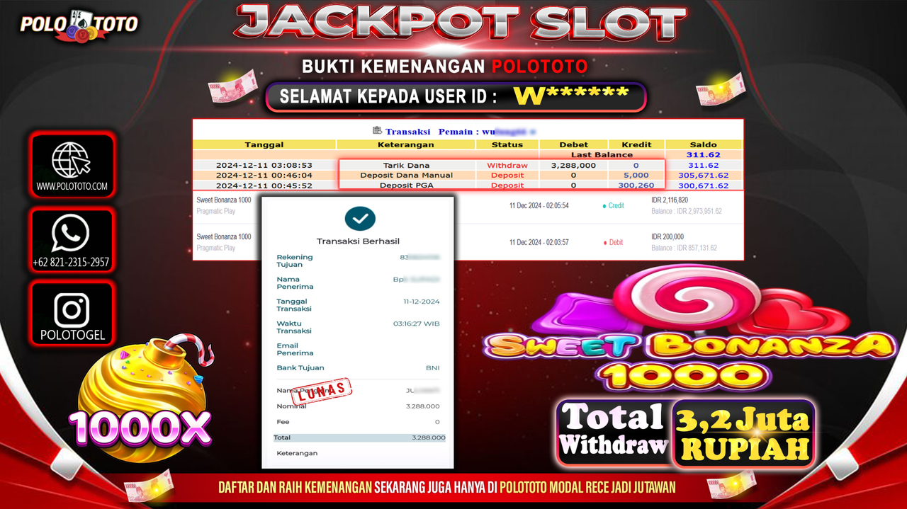 POLOTOTO JACKPOT SLOT SWEET BONANZA 1000 Rp.3,288.000,-