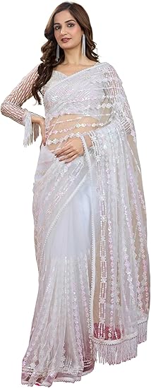 Trendmalls Net Embroidery Sequin Saree White