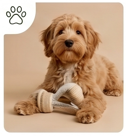 A fluffy dog with natural pet toys