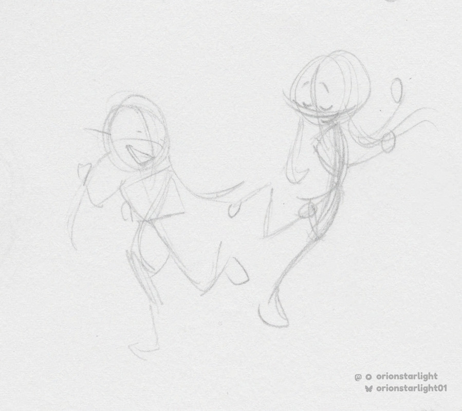 My pencil drawing of a base sketch/idea of Draculaura and Wednesday dancing. At this point, they’re just stick figures.