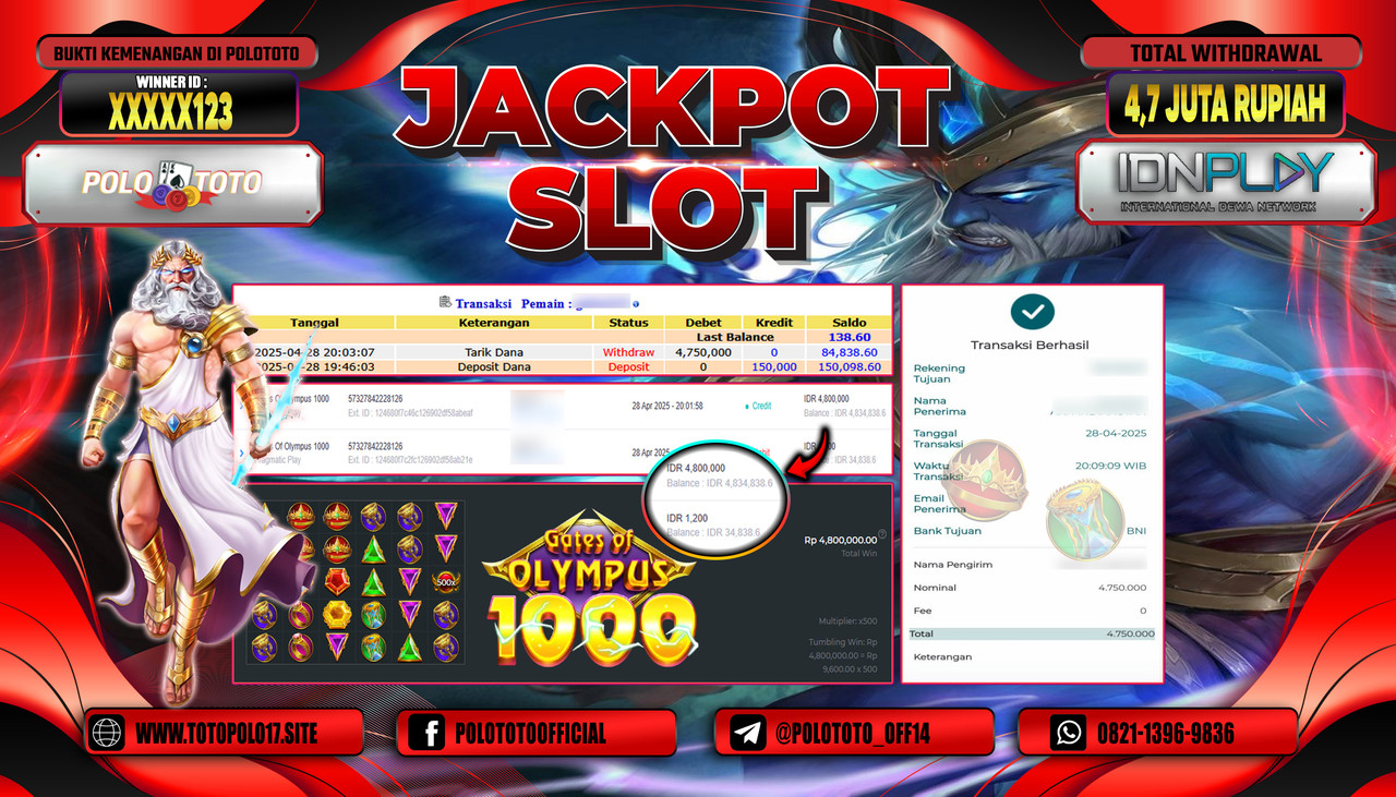 POLOTOTO JACKPOT SLOT GATES OF OLYMPUS 1000 Rp.4.750.000,- 