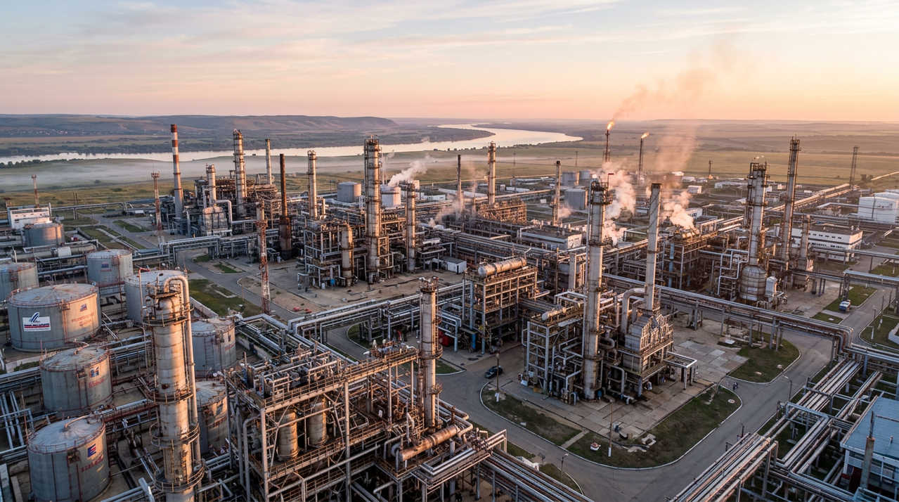 Изображение нефтеперерабатывающего комплекса в Поволжье на рассвете.