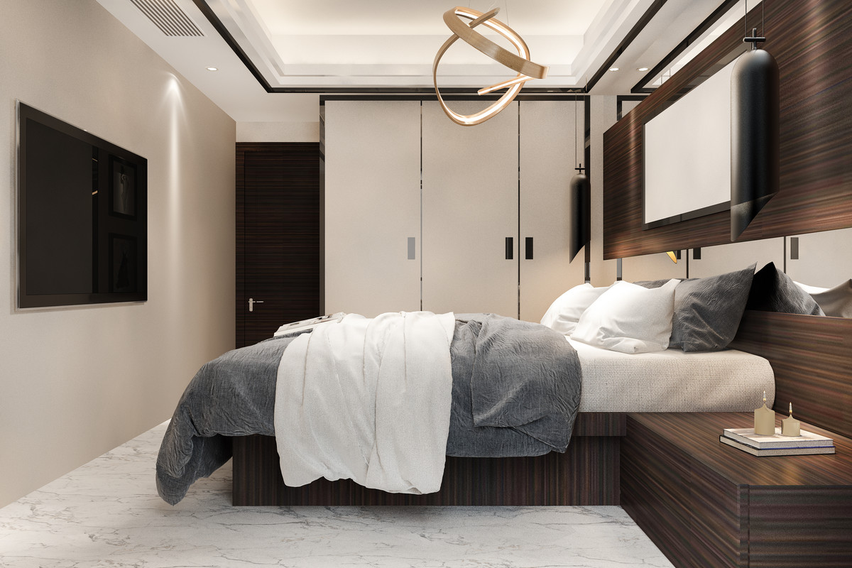Modern Bedroom Design With Grey Upholstered Bed And Beige Sliding Wardrobe
