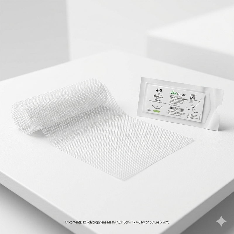 Contenido del Kit Malla Lingual: Malla BioMesh y Suturas Nylon