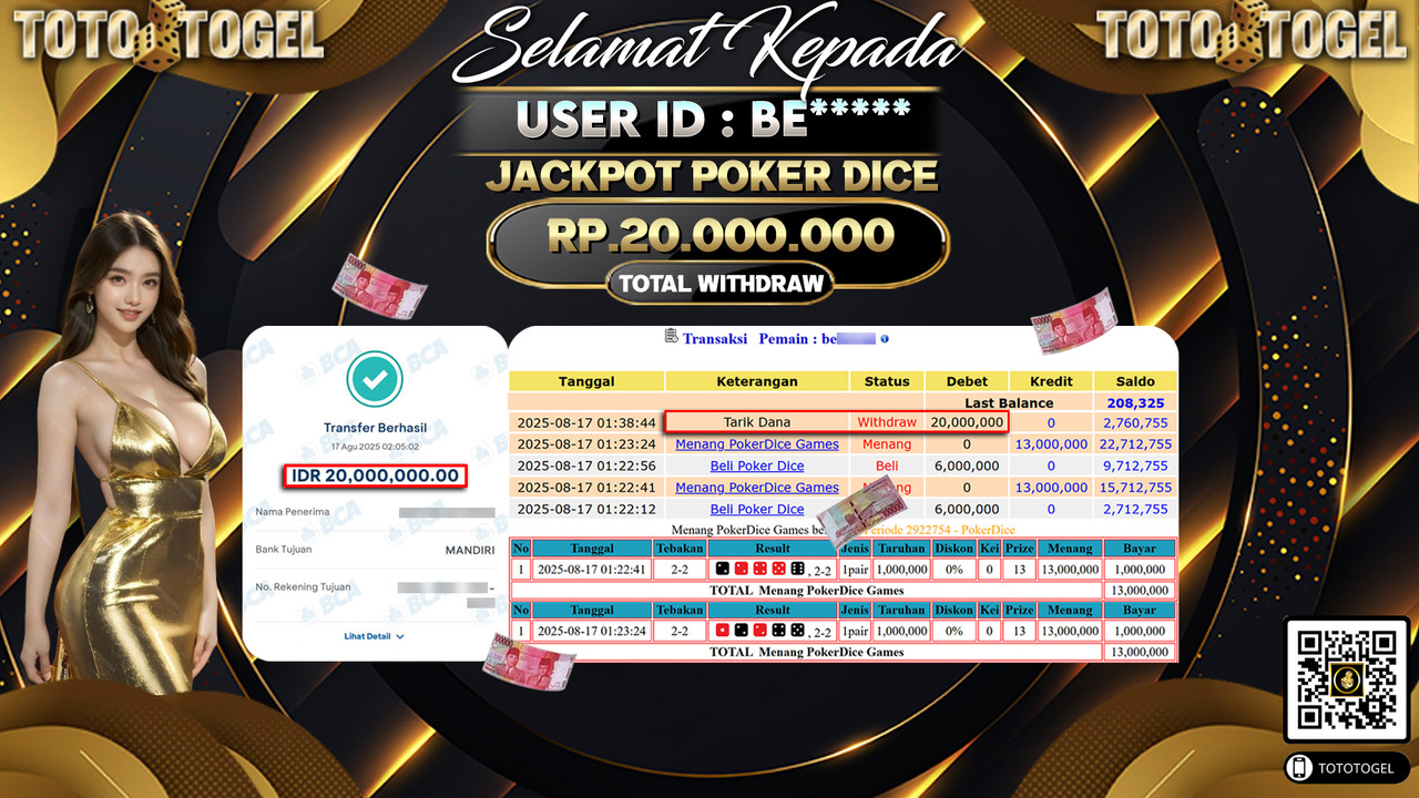 Bukti Pembayaran Jackpot Permainan Live Game Poker Dice ID:BE***** LUNAS