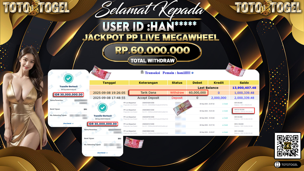 Bukti Pembayaran Jackpot Permainan Live Game PP Live Megawheel ID:HAN***** LUNAS