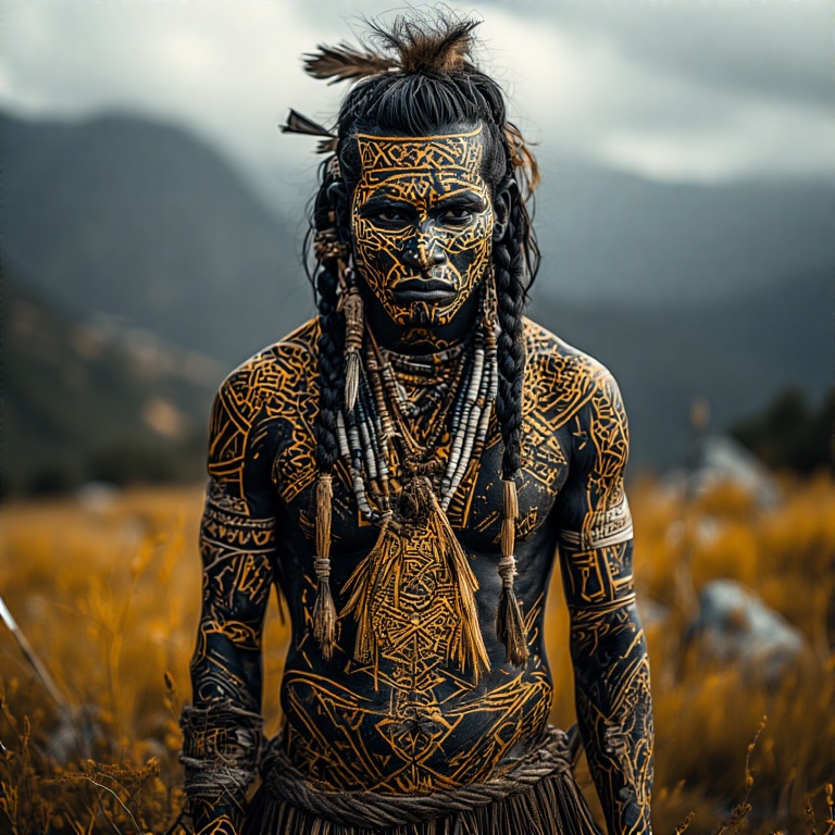 A-tribal-warrior-in-woodcut-st