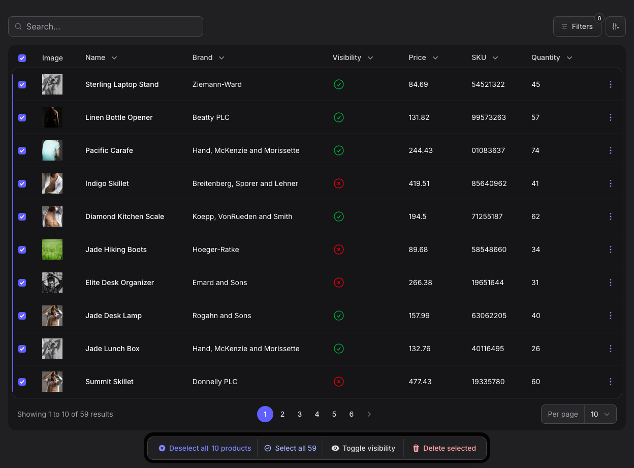Stature Theme product table bulk actions in dark mode