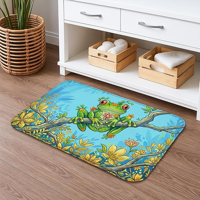 Amphibian Floral Quick Dry Bath Mat Colorful Nature Pattern Absorbent Non Slip Shower Mat Spring D