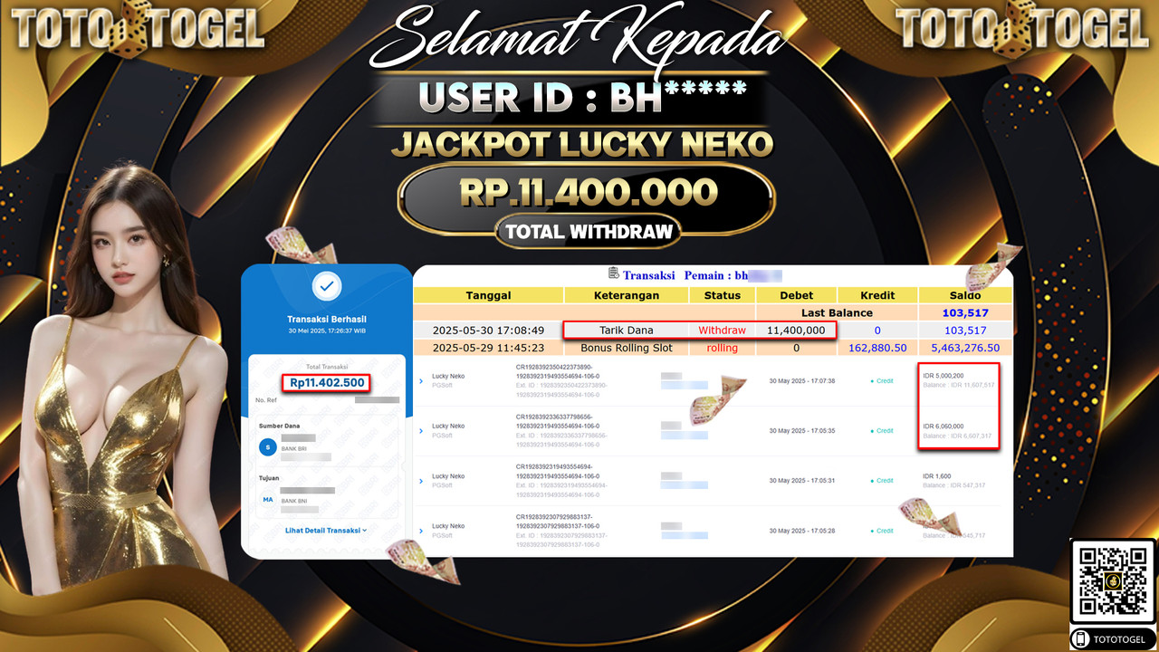 Bukti Pembayaran Jackpot Permainan Slot Lucky Neko ID:BH***** LUNAS