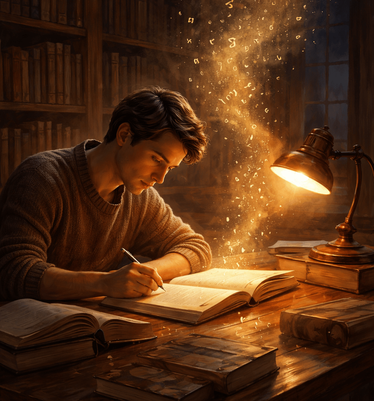 Escritor estudando com afinco sob luz quente de lamparina cercado por livros clássicos