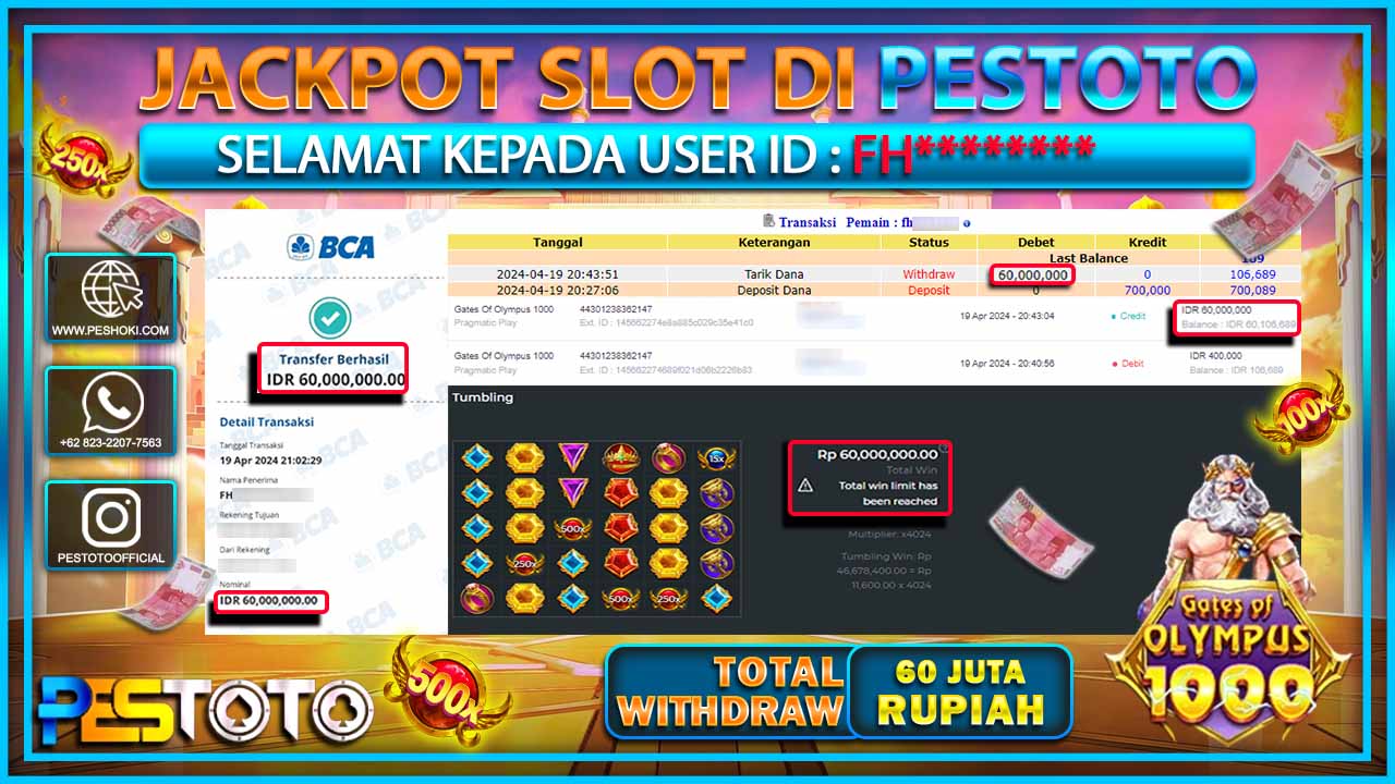 HANYA DI PESTOTO JP PASTI DI BAYAR LUNAS DAN CEPAT!!!!!! JP SLOT {  GATES OF OLYMPUS 1000 } Rp.60.000.000 !!!!!