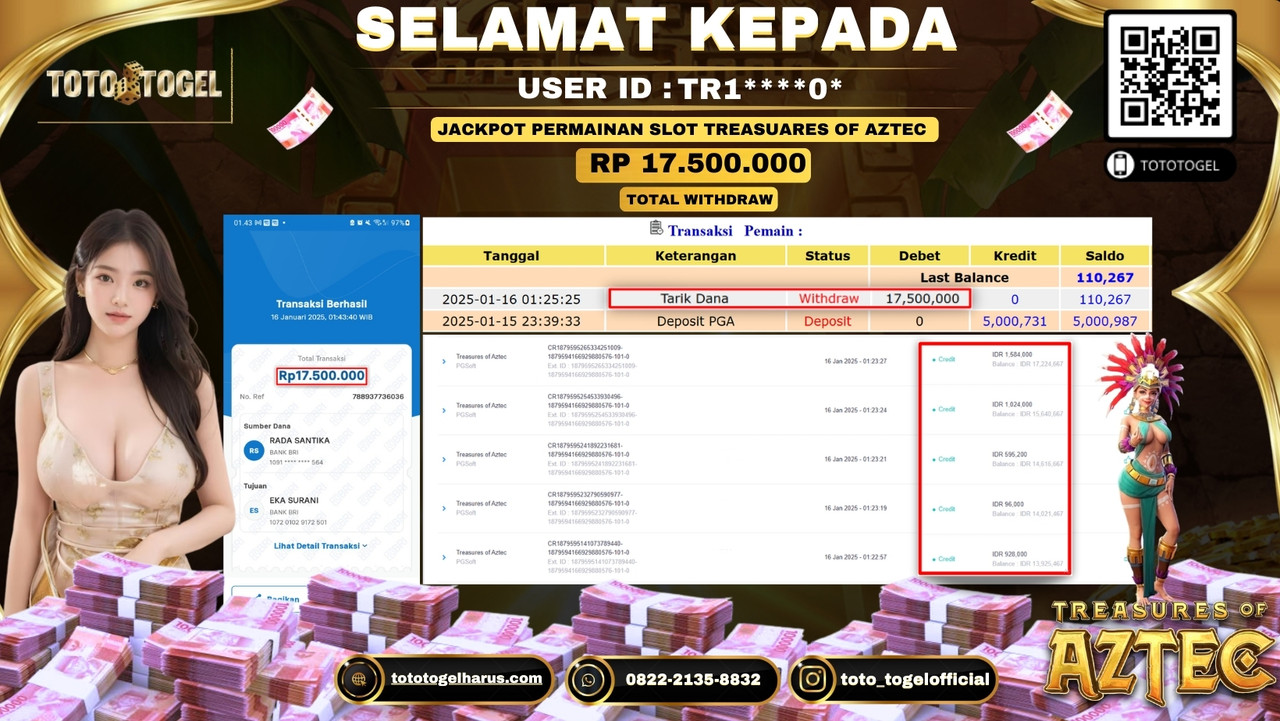 Bukti Pembayaran Jackpot  Permainan Treasuares Of Aztec  :TR1****0*  LUNAS
