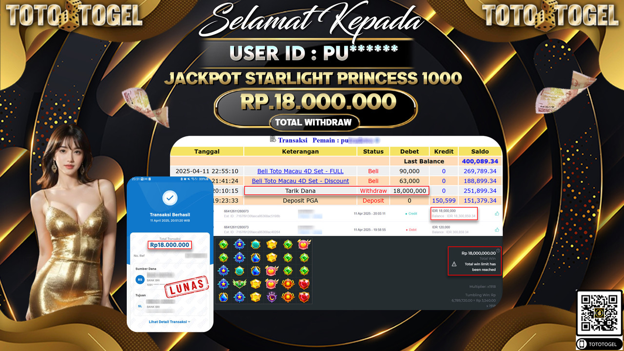 Bukti Pembayaran Jackpot  Permainan Slot Starlight Princess 1000 ID:PU****** LUNAS