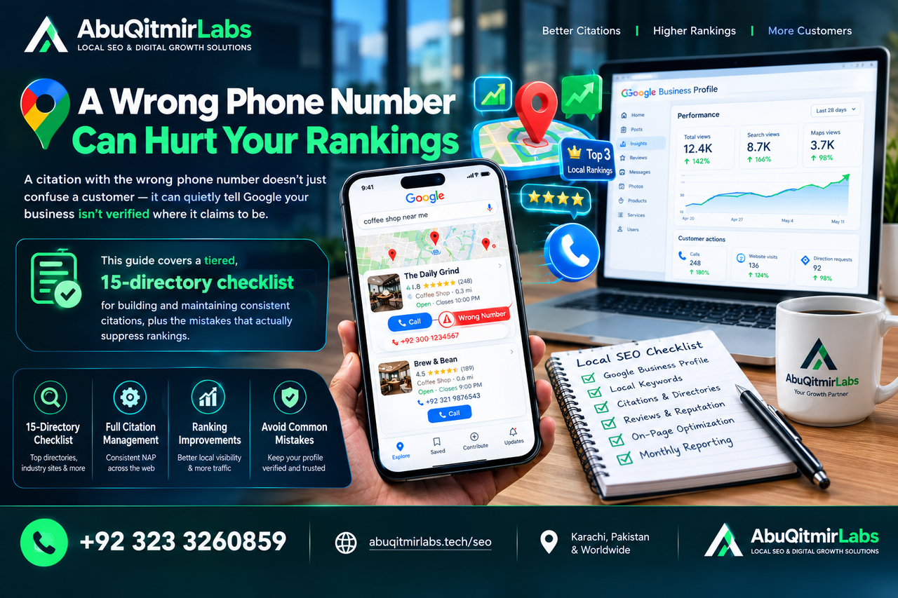 Infographic titled "A Wrong Phone Number Can Hurt Your Rankings" by AbuQitmirLabs, featuring a Google Maps search on a smartphone showing a coffee shop listing flagged with a "Wrong Number" warning, alongside a Google Business Profile performance dashboard and a hand-written Local SEO Checklist covering citations, reviews, on-page optimization, and monthly reporting, promoting a tiered 15-directory citation-building checklist