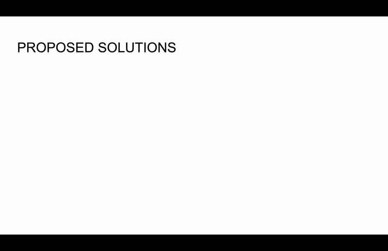Gif of text appearing on a blank slide. The title reads 'PROPOSED SOLUTIONS'. The two bullet points beneath it, one with a baseball emoji as the bullet and the other with a cricket bat, read 'stop being number 16' and 'be number four' respectively.