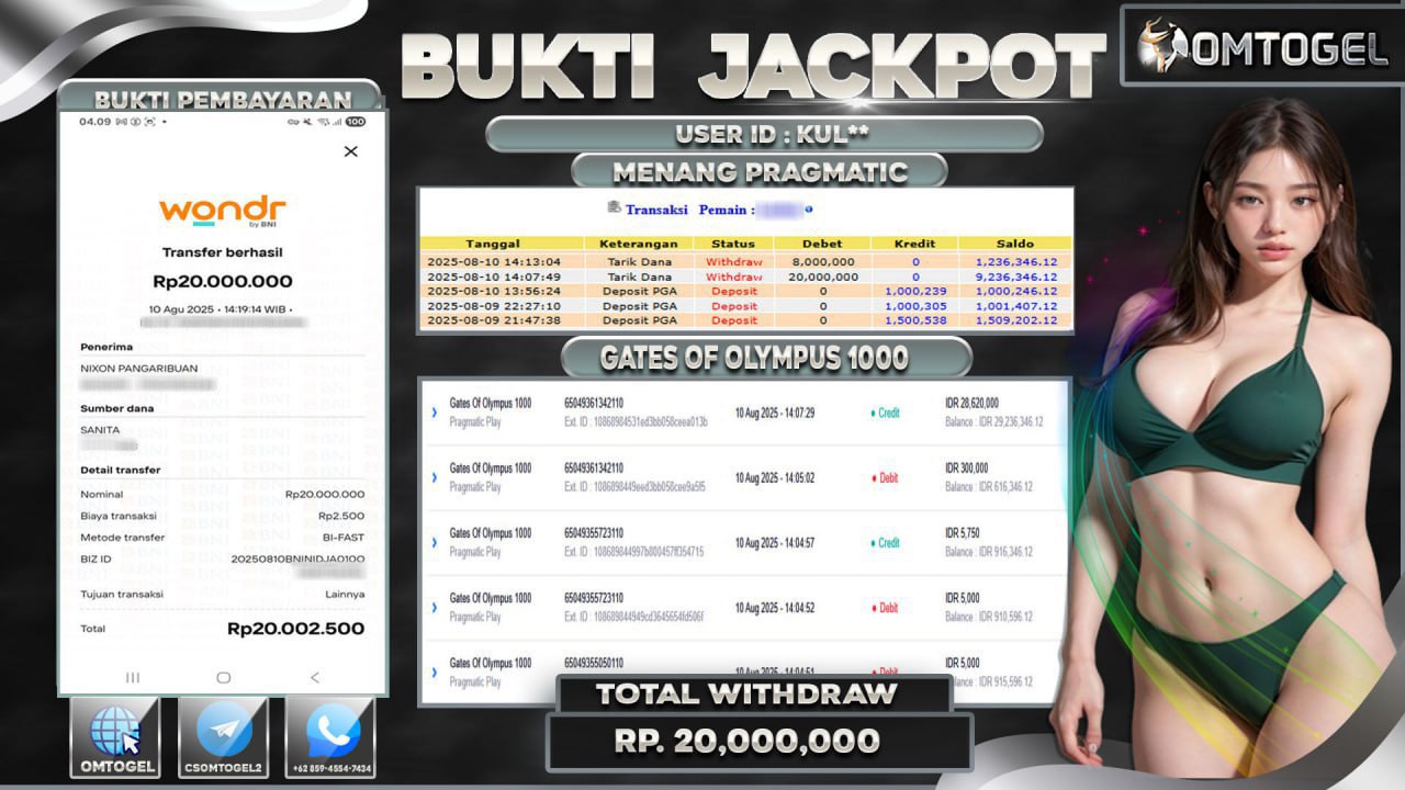 OMTOGEL JACKPOT PRAGMATIC PLAY GATES OF OLYMPUS 1000 20 JUTA DI BAYAR LUNAS ,-