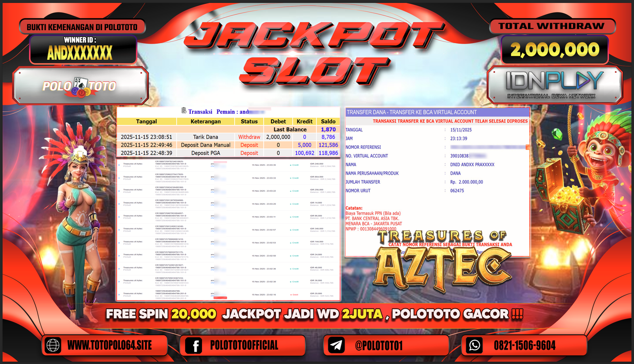 POLOTOTO JACKPOT SLOT TREASURES OF AZTEC Rp.2.000.000,- LUNAS