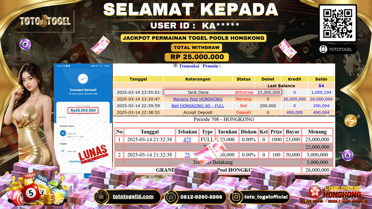 Bukti Pembayaran Jackpot  Permainan Togel Pools Hongkong ID:KA***** LUNAS