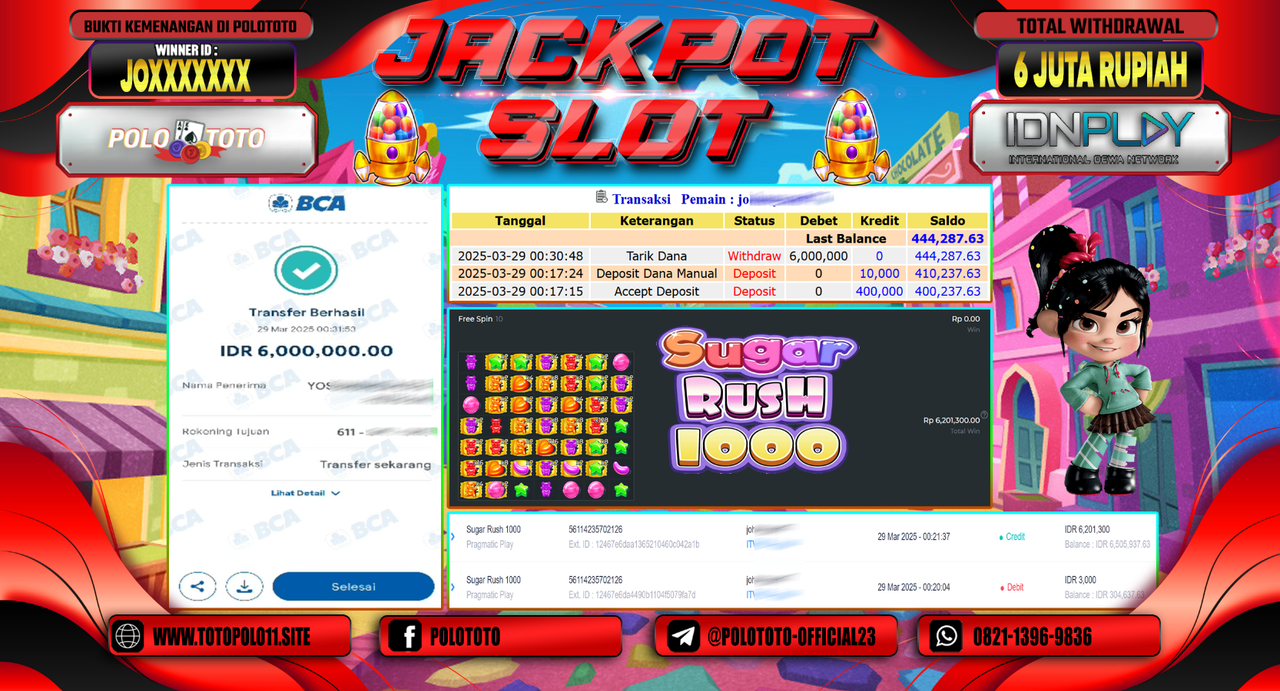 POLOTOTO JACKPOT SLOT SUGAR RUSH 1000  Rp.6.000.000,-