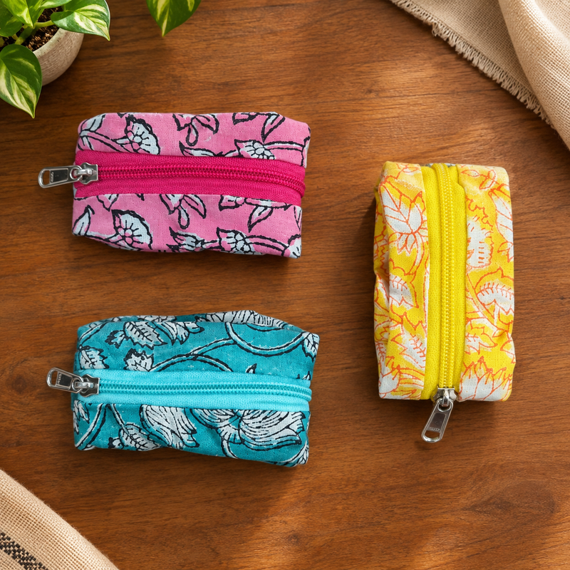 Qyaari by Penkraft Hand Block Printed Wrist Pouches – Set of 3 Pattern 4