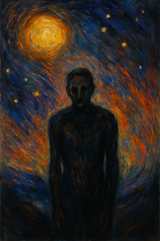 Expressionist scene of hands exchanging bread, books and tools under a cosmic sky