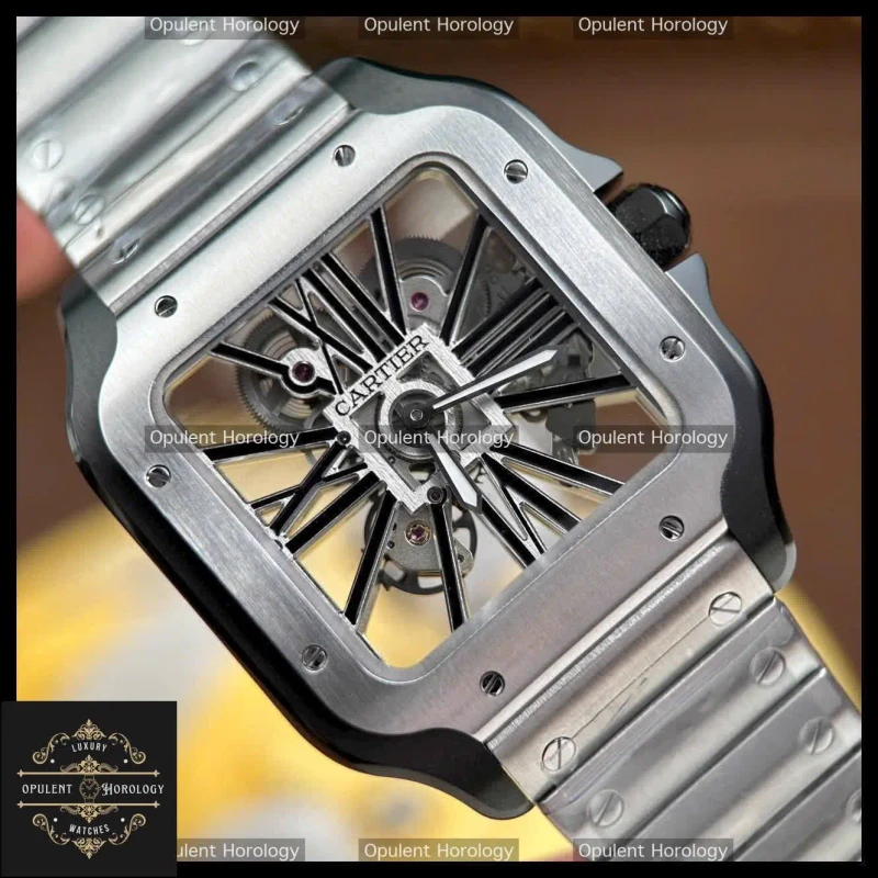 Cartier Santos Skeleton Replica 1:1 Watch Black Bezel 39.8mm Manual Winding Movement