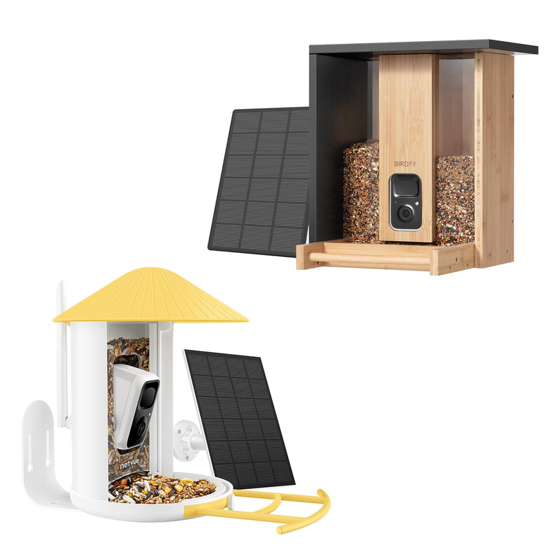 Birdfy Solar Camera Yellow and Bamboo AI Bird Feeder Camera with Solar Panel