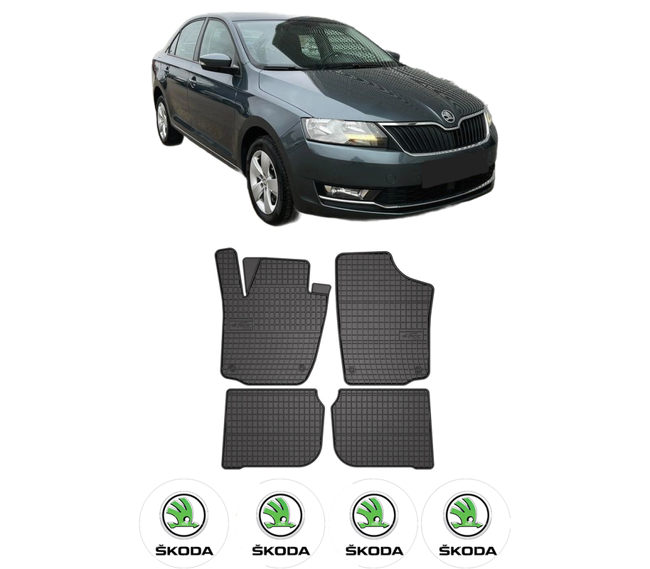 Set covorase presuri SKODA RAPID (NH3, NK3, NK6) din 2012-2022, auto, din cauciuc thermoplastic, 4 Stickere auto cu SKODA