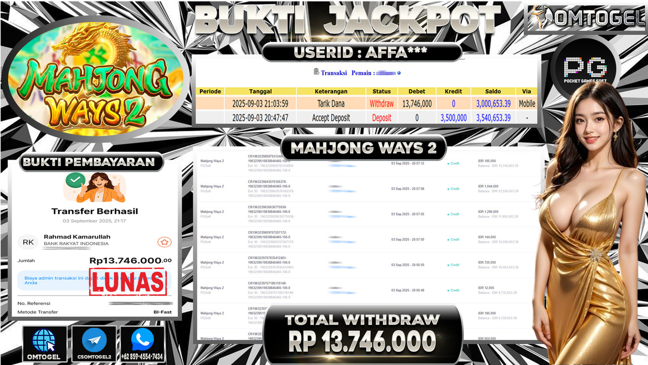 OMTOGEL JACKPOT PGSOFT MAHJONG WAYS 2 13 JUTA DI BAYAR LUNAS ,-