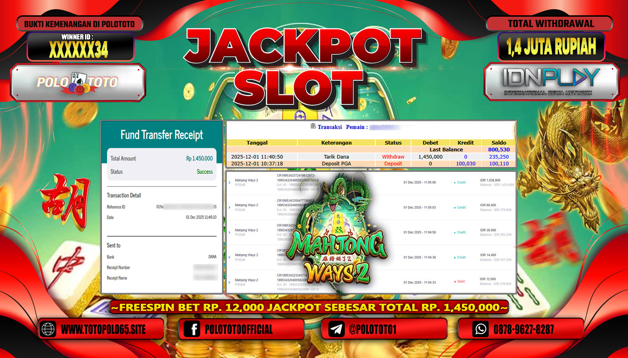 POLOTOTO JACKPOT SLOT MAHJONG WAYS 2 Rp.1.4000.000,- LUNAS