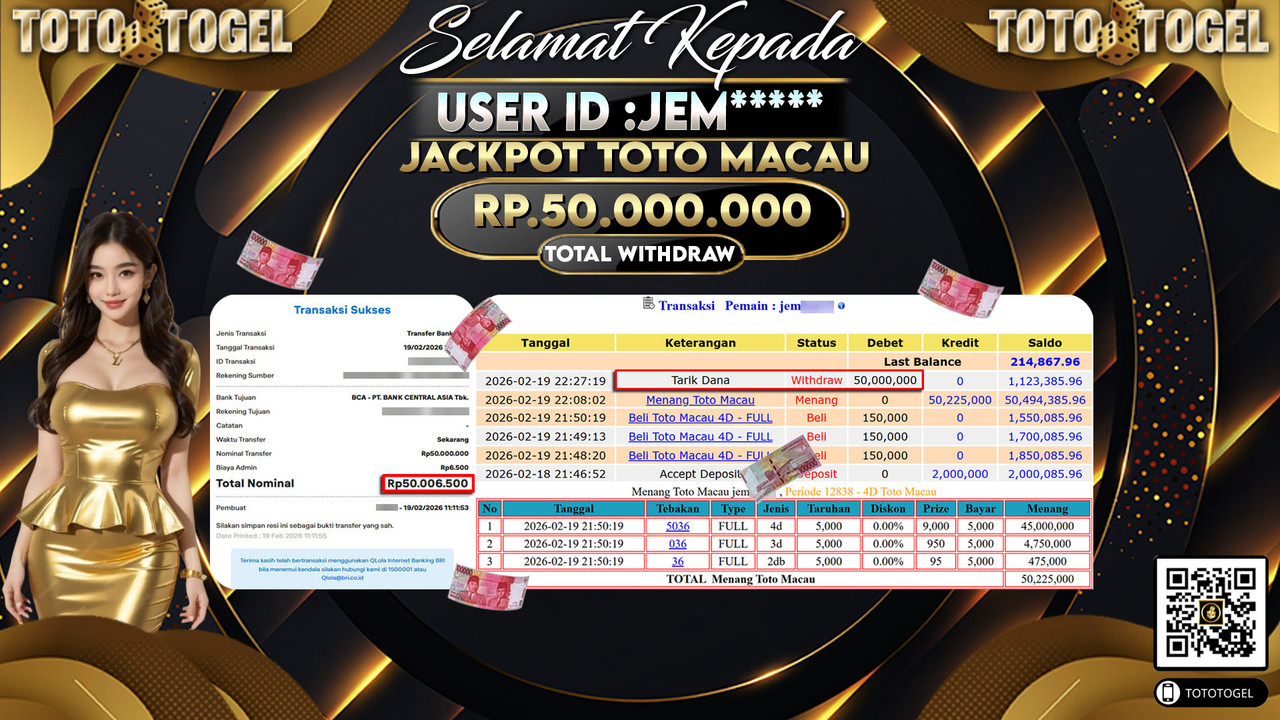 Bukti Pembayaran Jackpot Permainan Togel Toto Macau ID:JEM*****LUNAS
