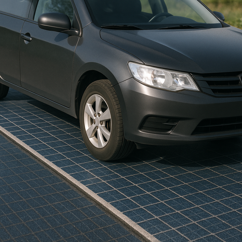 Car driving over a solar panel–embedded road surface, demonstrating real-life interaction and the need for high durability.