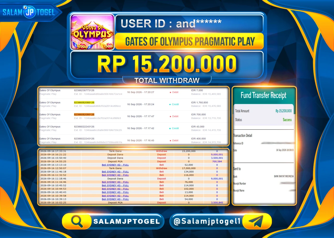 SALAMJPTOGEL JACKPOT MENANG SLOT GATES OF OLYMPUS Rp.15,200,000 - LUNAS