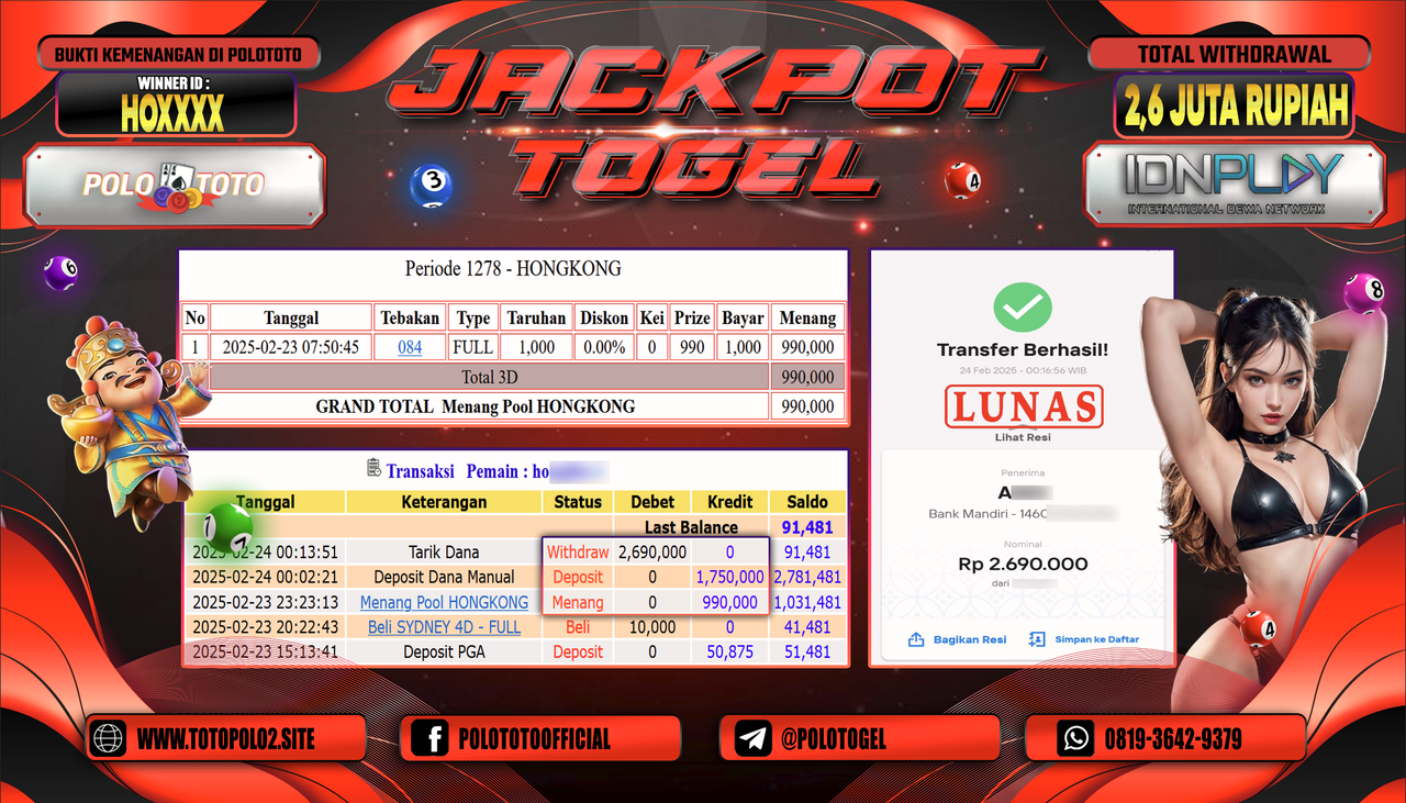 POLOTOTO JACKPOT TOGEL PASARAN HONGKONG Rp.2.600.000,- LUNAS